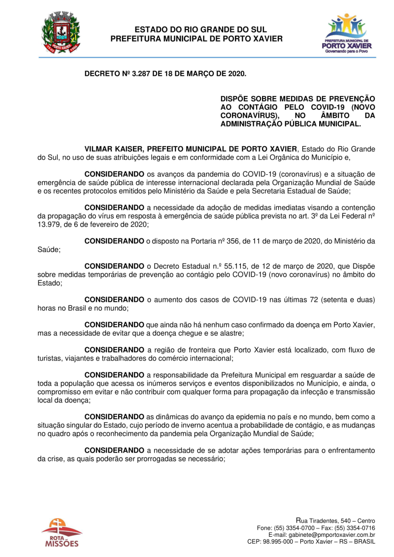 PUBLICADO DECRETO COM MEDIDAS DE PREVENÇÃO AO CORONAVÍRUS
